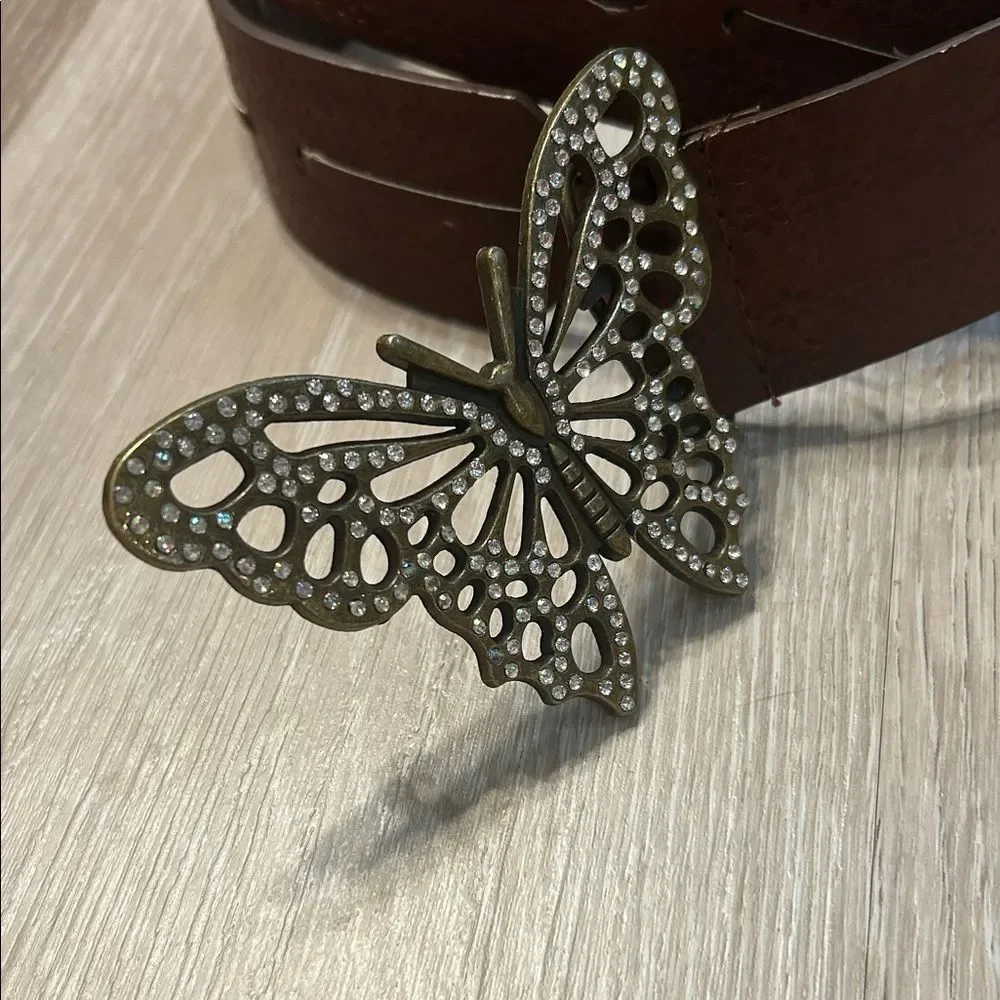 Boho Faux Leather Flower Printed Brown Belt w Bejeweled Brass Butterfly Buckle
